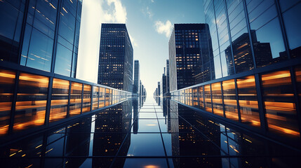 Bottom up view of reflective skyscraper buildings. Business office center in the big city, high rise building covered in glass window. Generative AI