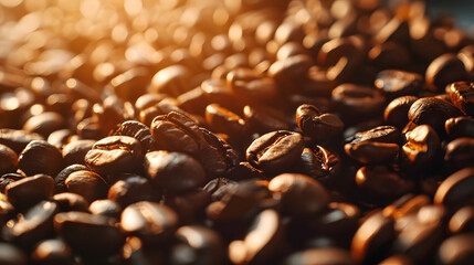 Golden Morning Light on Fair Trade Coffee Beans with Burlap Texture