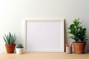 Blank frame mockup desk. Empty white poster frame on the wall of living room. Modern contemporary design of luxurious cozy home interior, apartment background. Generative AI
