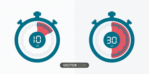 Set of timer.10 seconds, stopwatch vector icon.Timers collection,30 seconds, Countdown timer symbol icon in flat style, vector illustration.