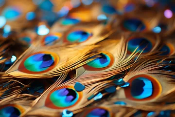 Gordijnen Colorful Peacock Feathers Wallpaper, A Colorful Wallpaper Blends Peacock Plumes and Confetti Magic © Simn
