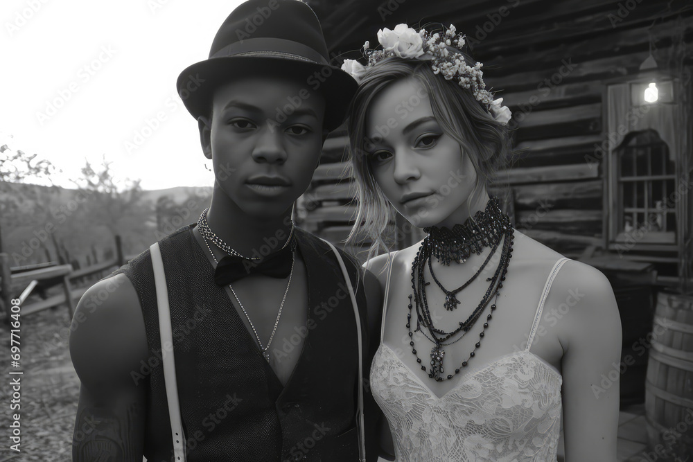 Wall mural black & white couple in a weird wedding