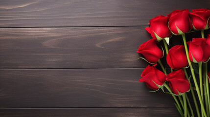 Naklejka na ściany i meble copy space, stockphoto, Background with red roses, concept of love and Valentine’s Day. Copy space for banner. Copy space for banner. Beautiful background design for a valentine’s card, greeting card.