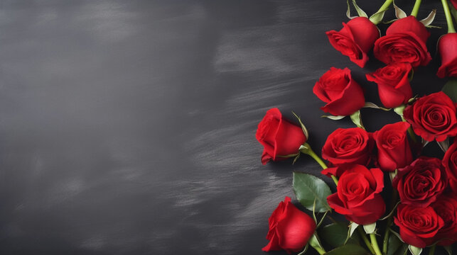 copy space, stockphoto, Background with red roses, concept of love and Valentine’s Day. Copy space for banner. Copy space for banner. Beautiful background design for a valentine’s card, greeting card.