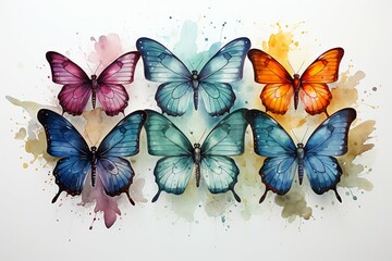 Many different bright butterflies on white background