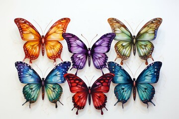 Fototapeta na wymiar Many different bright butterflies on white background