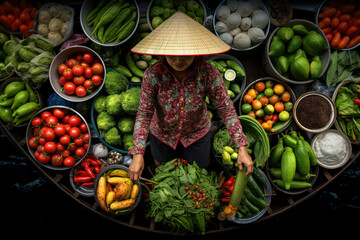 Women food people vietnamese asia selling street hat seller market fresh tradition vietnam women - obrazy, fototapety, plakaty