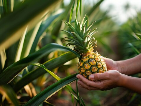 Farmer harvesting pineapples.