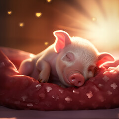 Porquinho rosa fofa dormindo em uma almofada com iluminação cinematográfica - Papel de parede 