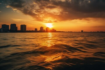 a stunning sunset over a peaceful ocean near a bustling metropolis. Generative AI