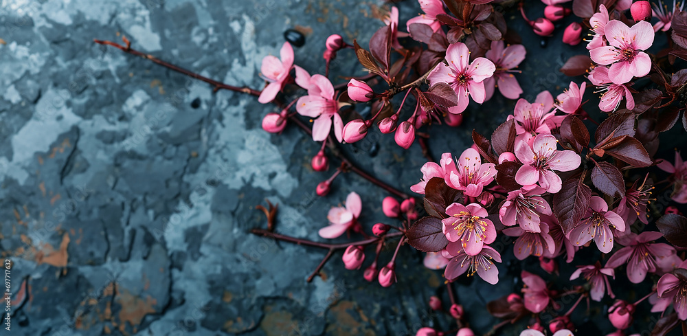 Wall mural sfondo di fiori rosa primaverili visto dall'altro, simmetrico, con raggi di luce del sole, ciliegio