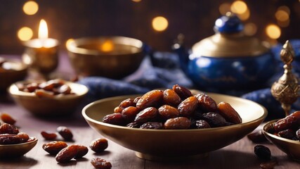 ramadan food and drinks concept ramadan Arabian lamp wood rosary and dates fruit