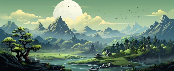 Foto op Canvas wide panoramic landscape Illustration scenery drawing, morning sunrise with colorful cool bluish effect and clouds with bright sky through foggy, greeny mountain range coved with forest © Sudarshana