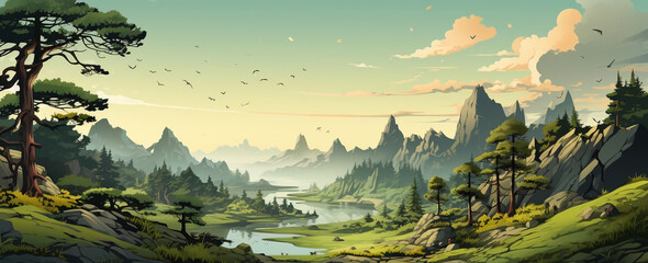 wide panoramic landscape Illustration scenery drawing, morning sunrise with colorful cool bluish effect and clouds with bright sky through foggy, greeny mountain range coved with forest - obrazy, fototapety, plakaty