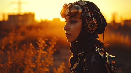 A cyborg woman in hijab gazes into the distance. Arabic girl cyborg portrait wearing electronics armor shell as android, cinematic shot, during dusk. Cyber war futuristic concept. Women in tech future - obrazy, fototapety, plakaty
