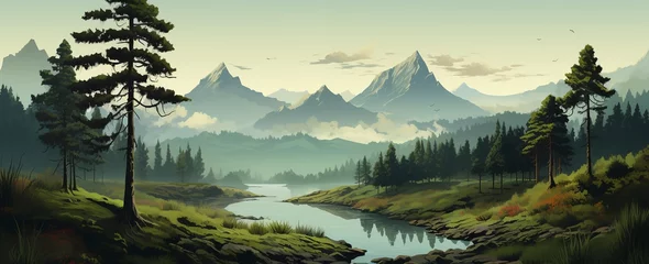 Tuinposter wide panoramic landscape Illustration scenery drawing, morning sunrise with colorful cool bluish effect and clouds with bright sky through foggy, greeny mountain range coved with forest © Sudarshana