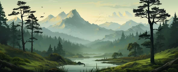 Fotobehang wide panoramic landscape Illustration scenery drawing, morning sunrise with colorful cool bluish effect and clouds with bright sky through foggy, greeny mountain range coved with forest © Sudarshana