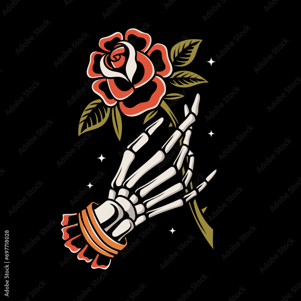 Wall mural skeleton hand holding a rose vector old school tattoo vintage tattoo style illustration