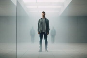 Fototapeta premium Mirrored Dimensions, Asian Man Surrounded by Reflective Surfaces, Creating a Captivating of Images