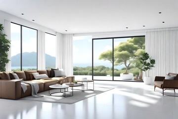 Minimal style Modern white living room with blank white wall for copy space 3d render,The Rooms white floors ,decorated with brown furniture,There are large open sliding door Overlooking nature view.
