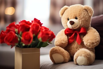 Teddy Bear sitting alone, red hearts, roses. Vintage romantic style on wood. Loving bear toy concept. Creative Valentines greeting card. Family, wedding, friendship