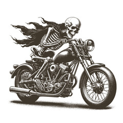 Highly detailed vector illustration of a skeleton riding a motorcycle