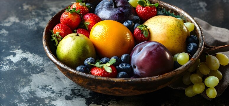 Assorted Fresh Fruits in Handmade Ceramic Bowl on Dark Textured Background