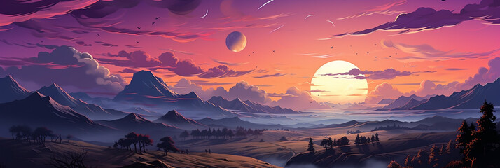 wide panoramic landscape Illustration scenery drawing with evening sun dusk with colorful warm effect and clouds awith bright sky through mountain range landscape   - obrazy, fototapety, plakaty