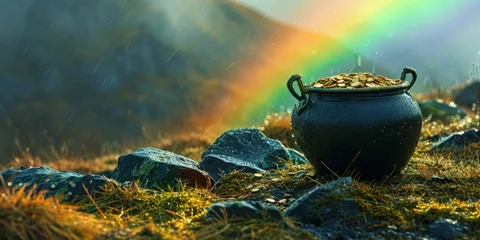 Foto op Plexiglas A pot of gold at the end of the rainbow it's raining against the backdrop of green hills, st. patrick day, banner © Dmitriy