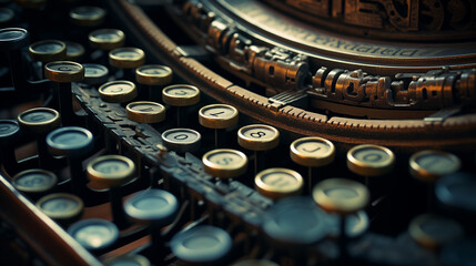 an old-fashioned typewriter, highlighting its round keys with characters and the mechanical...