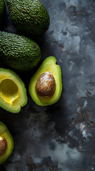Fresh Ripe Avocado Halves with Seed on Textured Dark Background