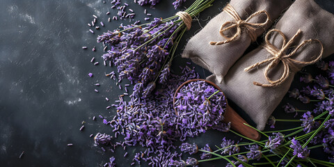 Hand-Tied Burlap Lavender Sachets on Rustic Wood Background