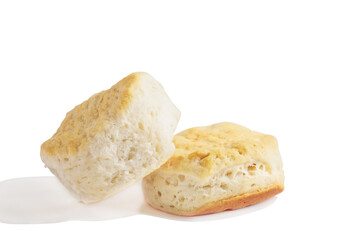 Isolated baked buttermilk southern biscuit or scones over white background. Clipping path included. Front view.