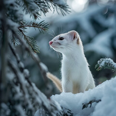 Winter Ermine Amidst Snowy Forest