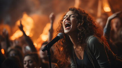 Metal artist, rock singer performing at the outdoor 
musical show stage middle of the audience with people and fire lighting around    - obrazy, fototapety, plakaty