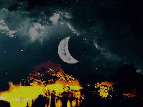 Illustration moon and stars with view rock cliff yellow and orange, purple colours  gray clouds sky background, smooth and blur texture., fantasy design digital art to decoration and backdrop 