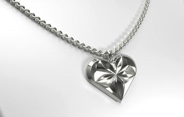 Silver heart shaped pendant with floral pattern on a chain. 3d illustration