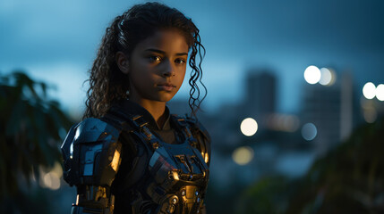 A brazilian young girl with cybernetic armor stands before a blurred cityscape at twilight, her expression contemplative. Futuristic concept cyber women, diversity inclusion technology. Bionic Android