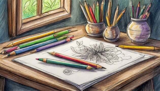 still life with pencils and notebook