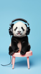 Filhote de panda usando fones de ouvido sentado em um banco isolado em um fundo azul pastel - Papel de parede  - obrazy, fototapety, plakaty