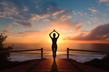 A yogi's silhouette at sunrise offers a moment of peace and personal strength, Inner Peace concept