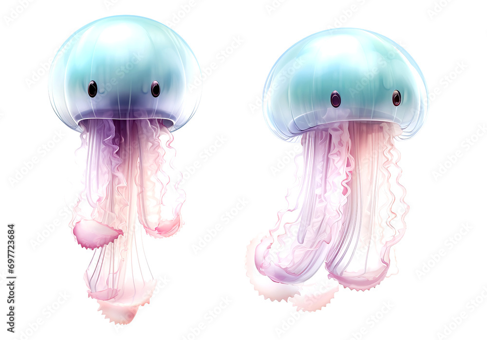 Wall mural set of jellyfish cartoon under sea, isolated on transparent or white background - Wall murals