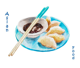 Asian food, Gyoza, Japanese cuisine, Chinese food,hand painted watercolor illustration, plate of food, food illustration	