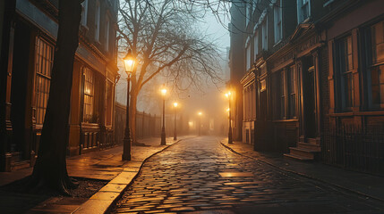 lantern lit foggy london or european street  - obrazy, fototapety, plakaty