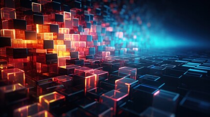 Obraz premium cyberspace, technology, datum, digital, communication, design, network, computer, future, futuristic. image of digital, wall with many pieces of blue and red light. 3D rendering illustration via ai.