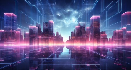 ai, network, technology, artificial intelligence, energy, innovation, future, digital, link, tech. abstract futuristic cityscape with towering skyscrapers and neon lights in the night sky, via AI gen.
