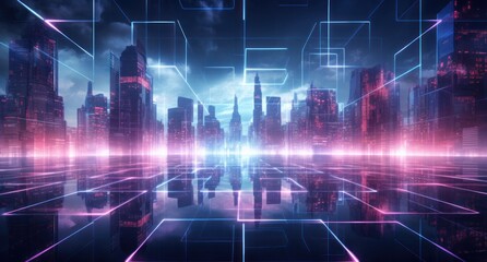 ai, network, technology, artificial intelligence, energy, innovation, future, digital, link, tech. abstract futuristic cityscape with towering skyscrapers and neon lights in the night sky, via AI gen.