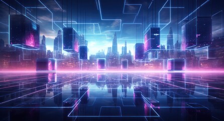 ai, network, technology, artificial intelligence, energy, innovation, future, digital, link, tech. abstract futuristic cityscape with towering skyscrapers and neon lights in the night sky, via AI gen. - obrazy, fototapety, plakaty