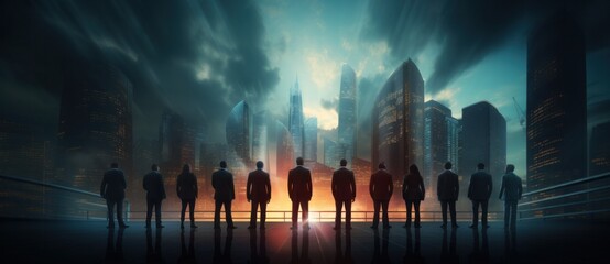ai, network, technology, artificial intelligence, energy, innovation, future, digital, link, tech. silhouette image of the group businessman stand in front cityscape with frog and neon light.