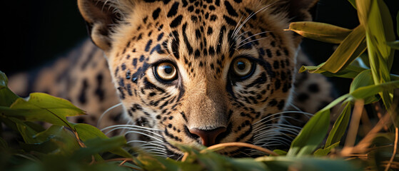 Majestic jaguar hidden in dense foliage.